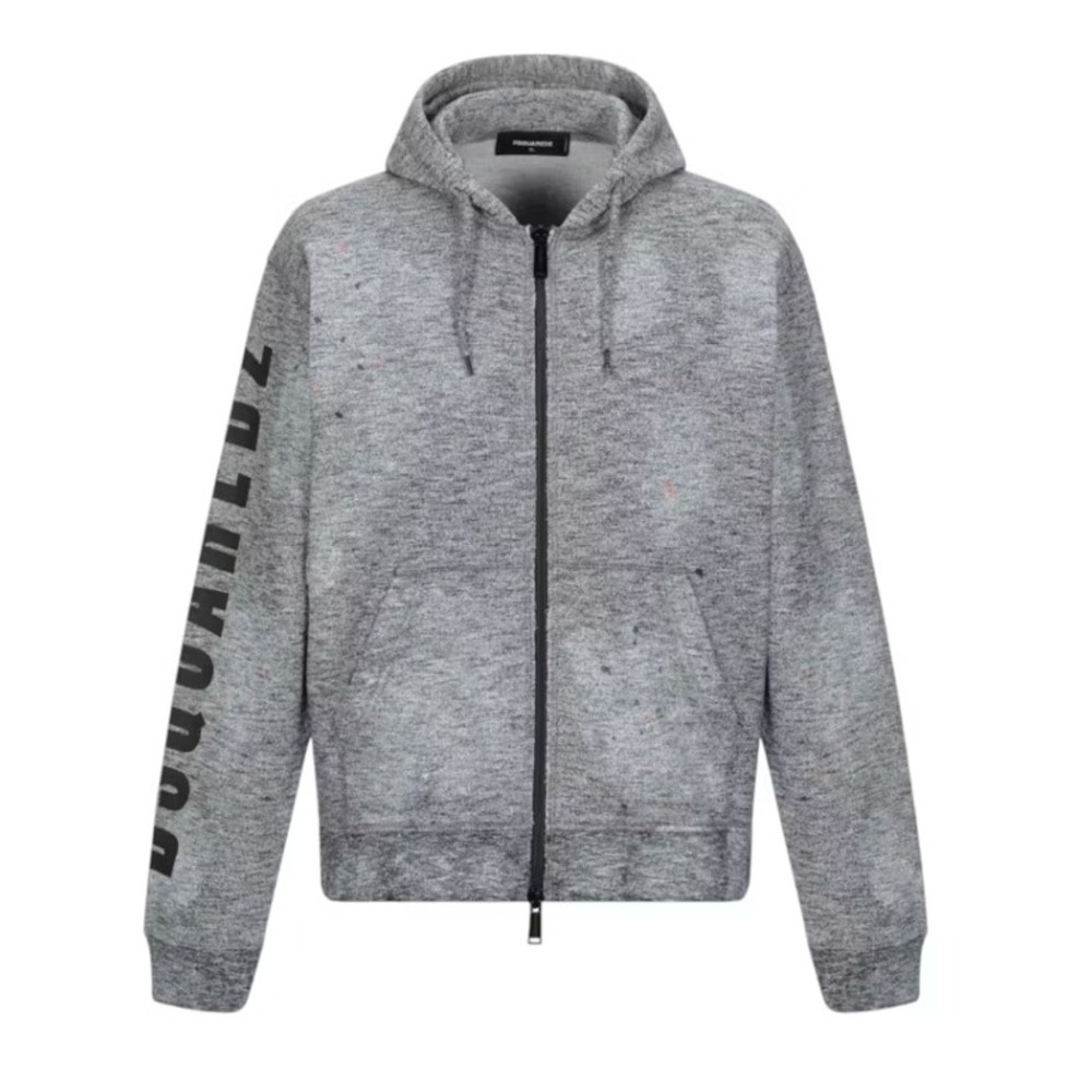 DSQUARED2 Mens Grey Paint Splatter Logo Sleeve Full Zip Hoodie Size L Made Italy
